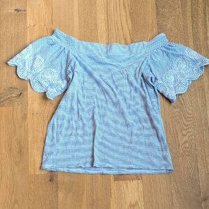 LOFT Light Blue Striped Off-the-Shoulder Top with Lace Sleeves